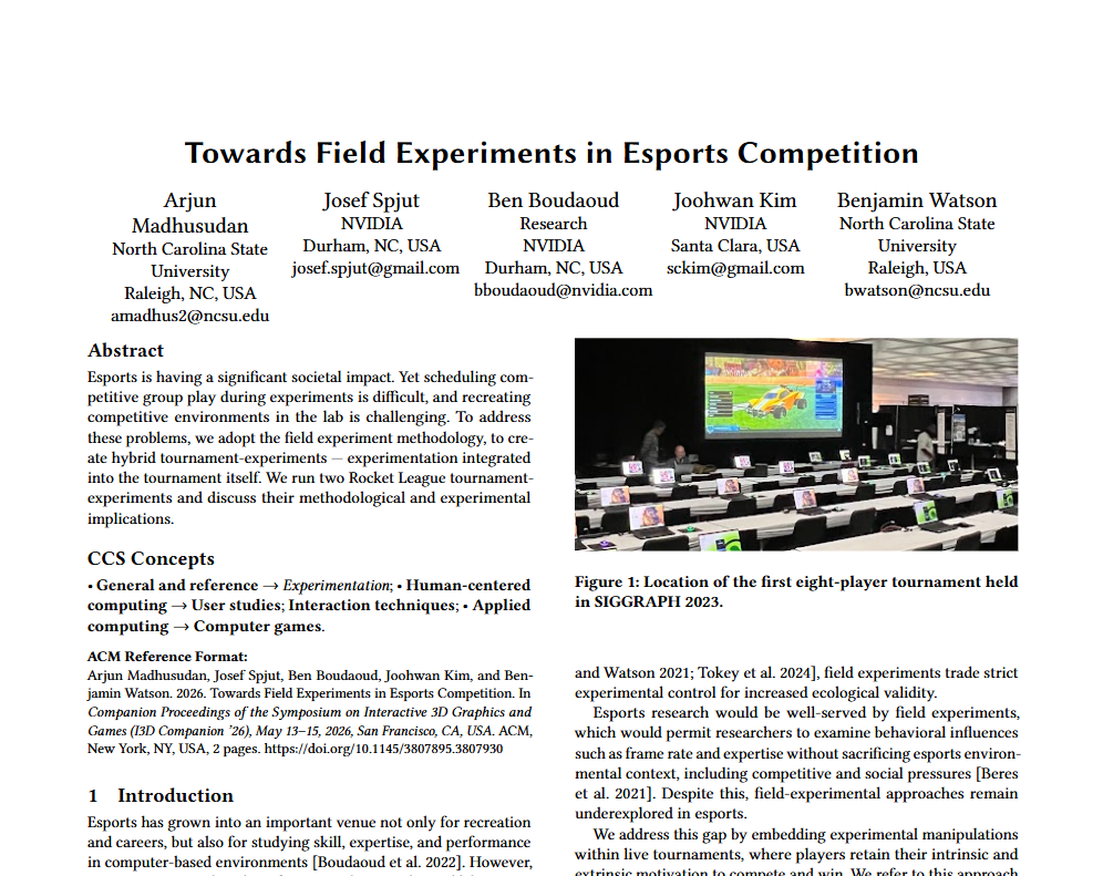 First page of Towards Field Experiments in Esports Competition, including the title, authors, abstract, and a photograph of the SIGGRAPH 2023 tournament setup.