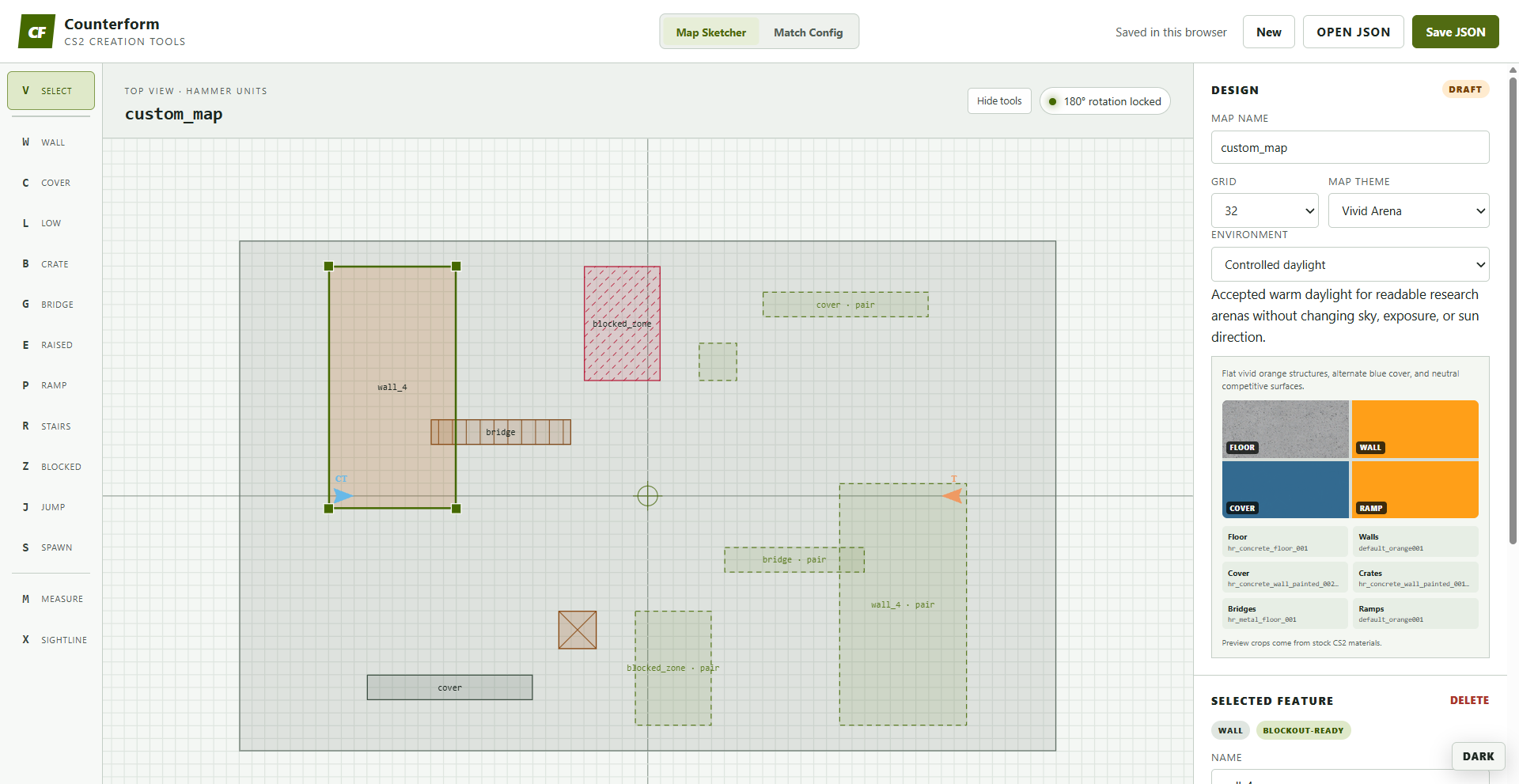 Counterform map sketcher showing a custom CS2 blockout with walls, cover, bridges, and design controls.