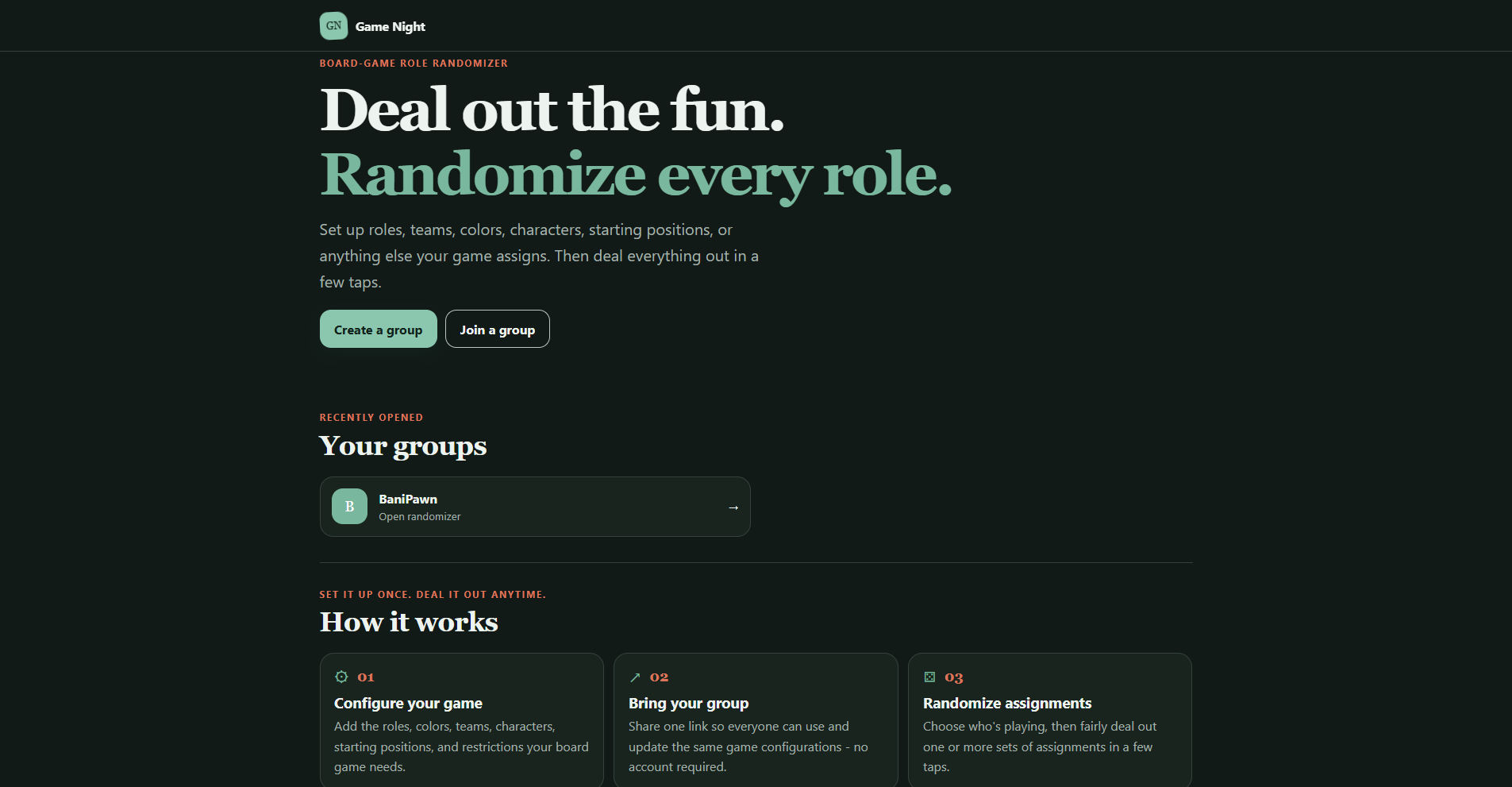 GameNight home screen with controls for creating or joining a group and an overview of the role randomizer workflow.