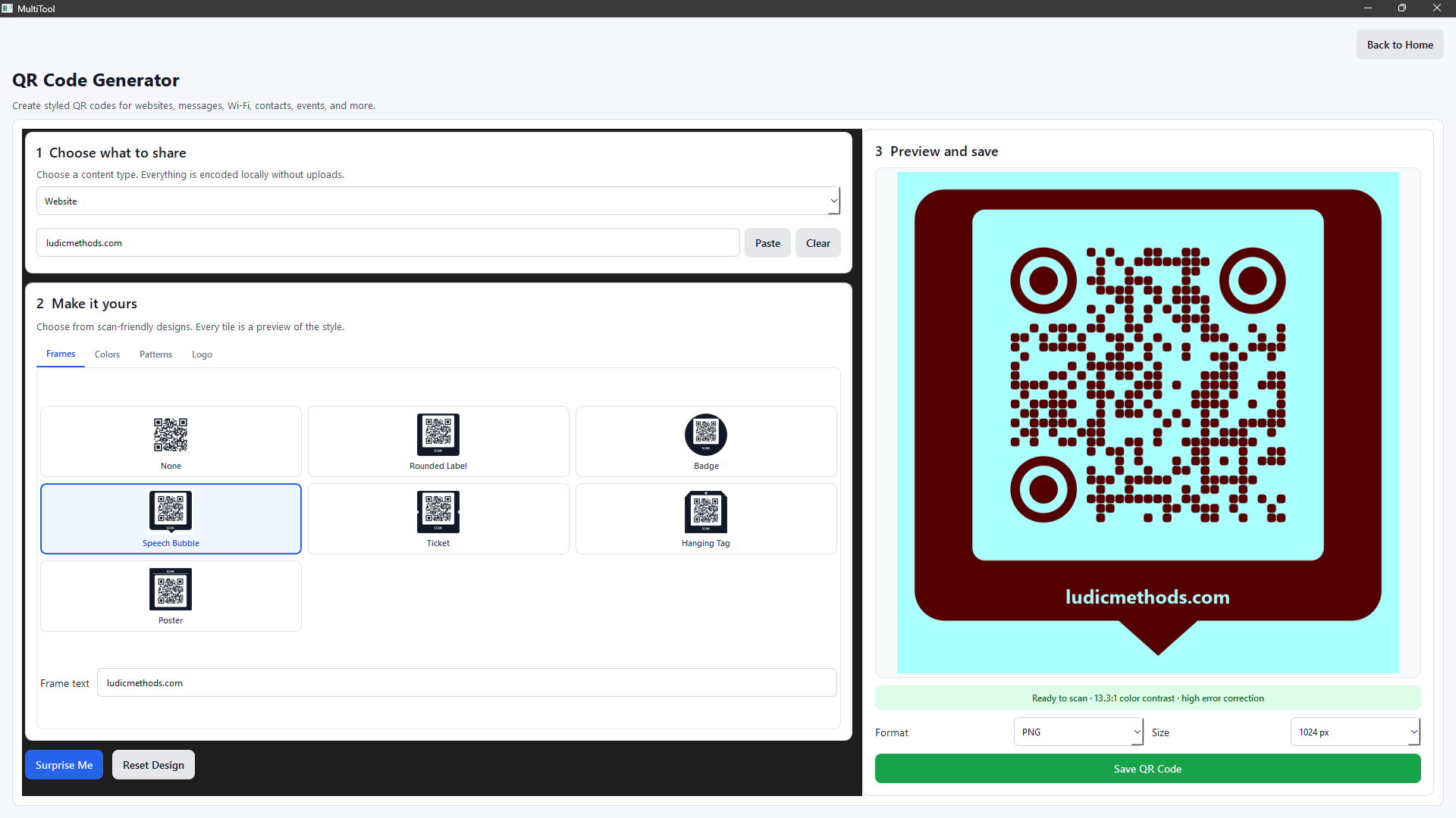 MultiTool QR Code Generator showing website content controls, style choices, and a customized QR code preview.